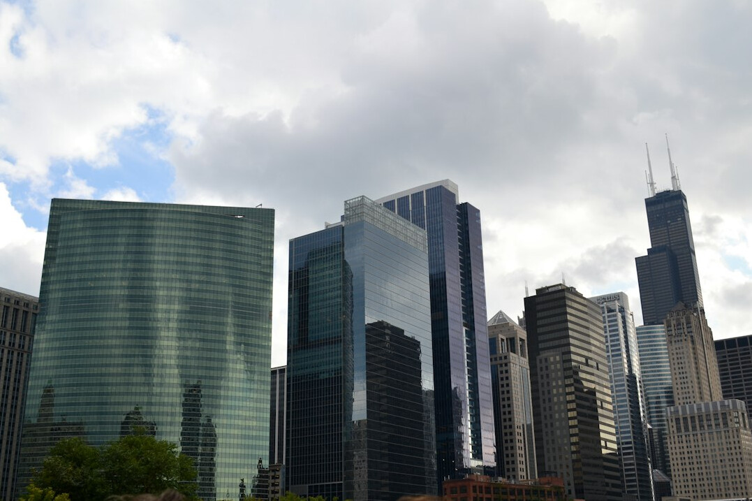 City financial district skyline with glass office towers
